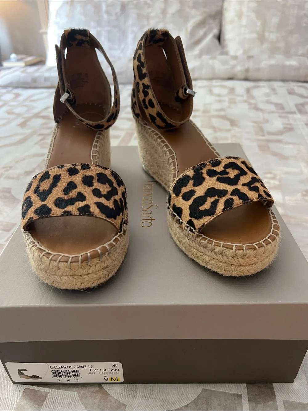 Franco Sarto Leopard Print Ankle-Strap Espadrille Sandals - Tan/Black